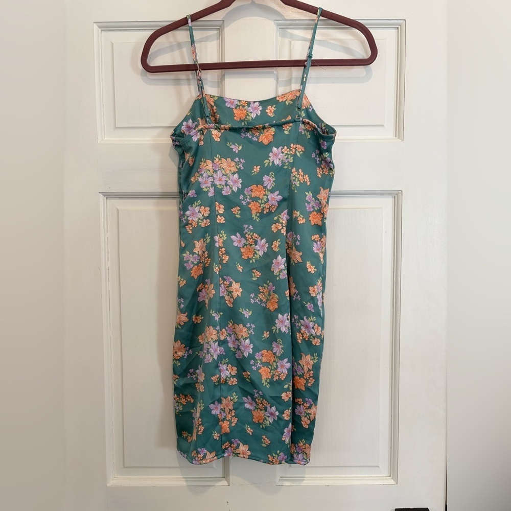 Hippie Rose Green Mini Dress with Orange and Purple Flowers - Picture 2 of 5